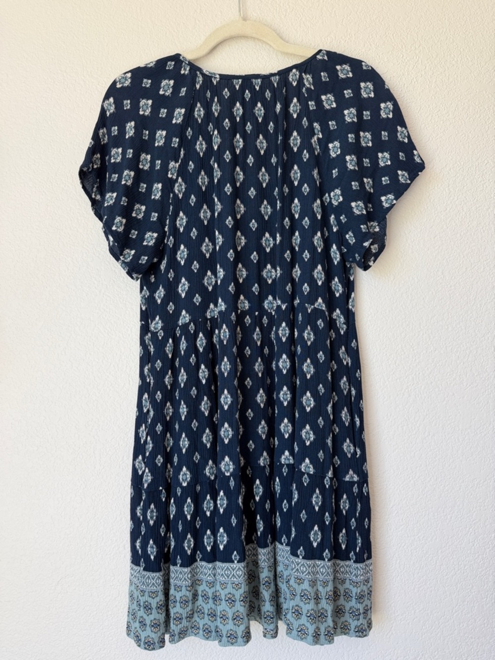 Knox Rose Boho Mini Dress Navy Blue Print Flutter Sleeve Peasant Pockets M - Picture 2 of 10